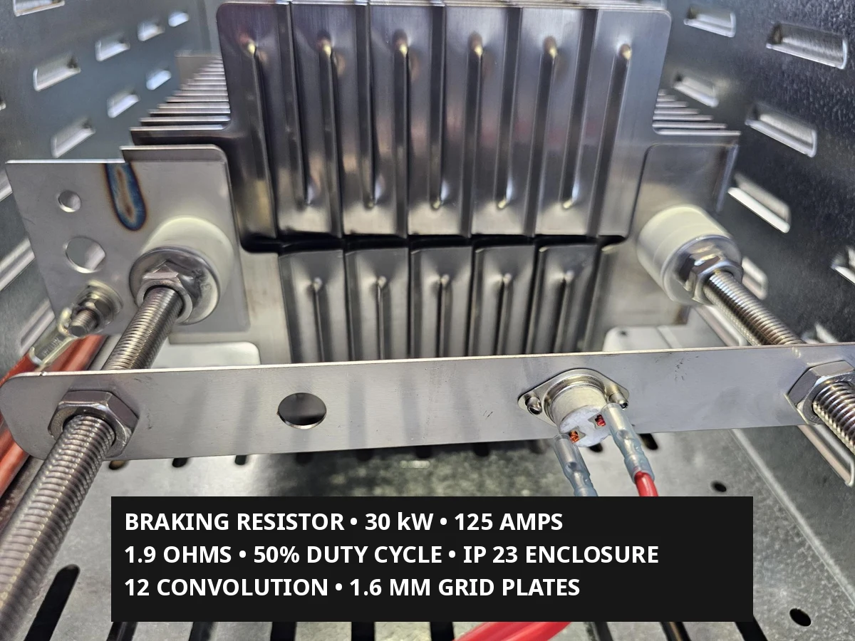 Braking resistor grid plates and wiring with the supplied 30 kW, 125 Amps, 1.9 Ohms and 50% duty cycle annotation
