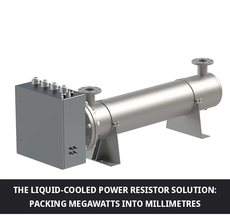 Liquid-cooled power resistor with stainless steel housing, flanged coolant connections and terminal box