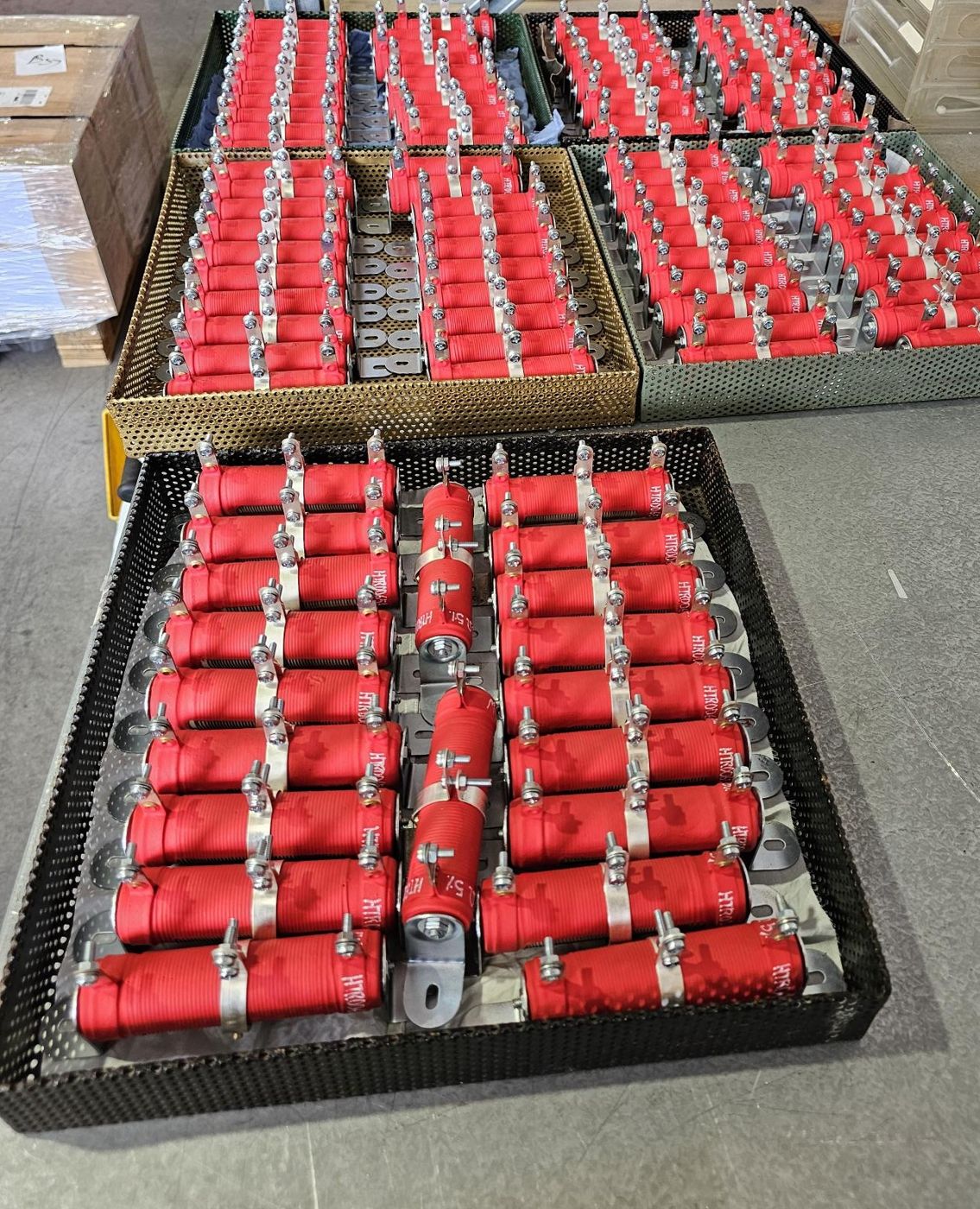 Finished Hurtle Webster wire wound resistors in production trays at the Brisbane factory