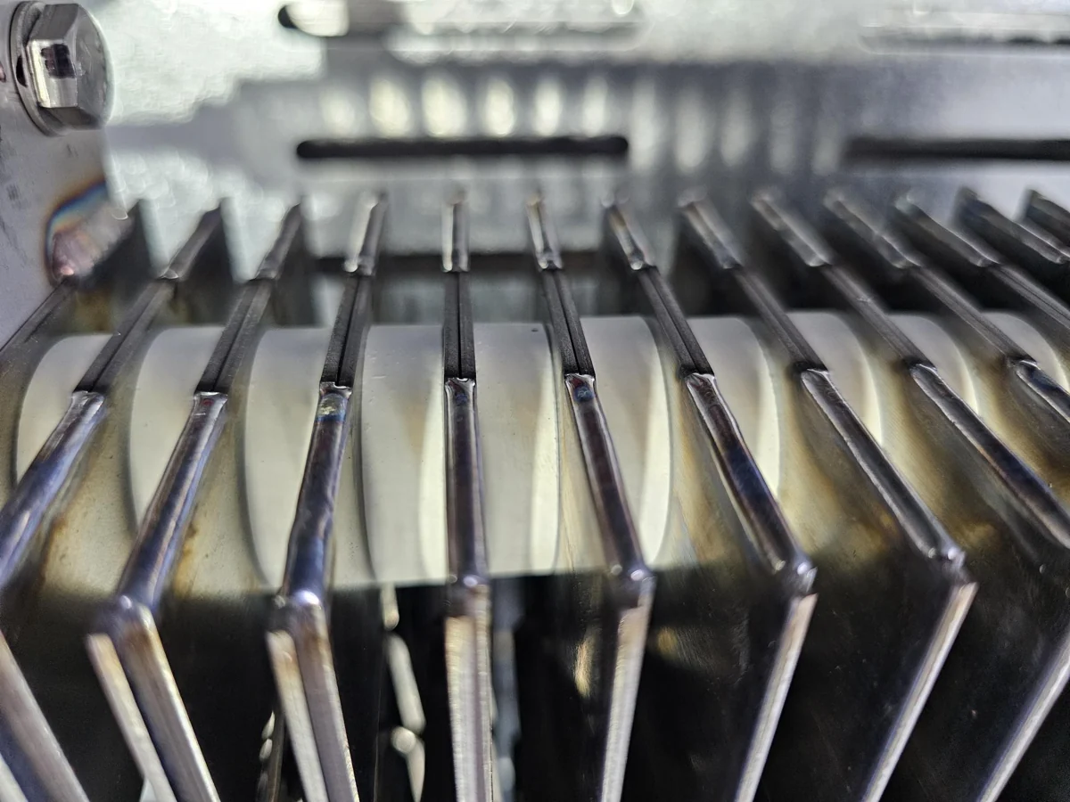 Close-up of the formed grid plates inside the braking resistor enclosure