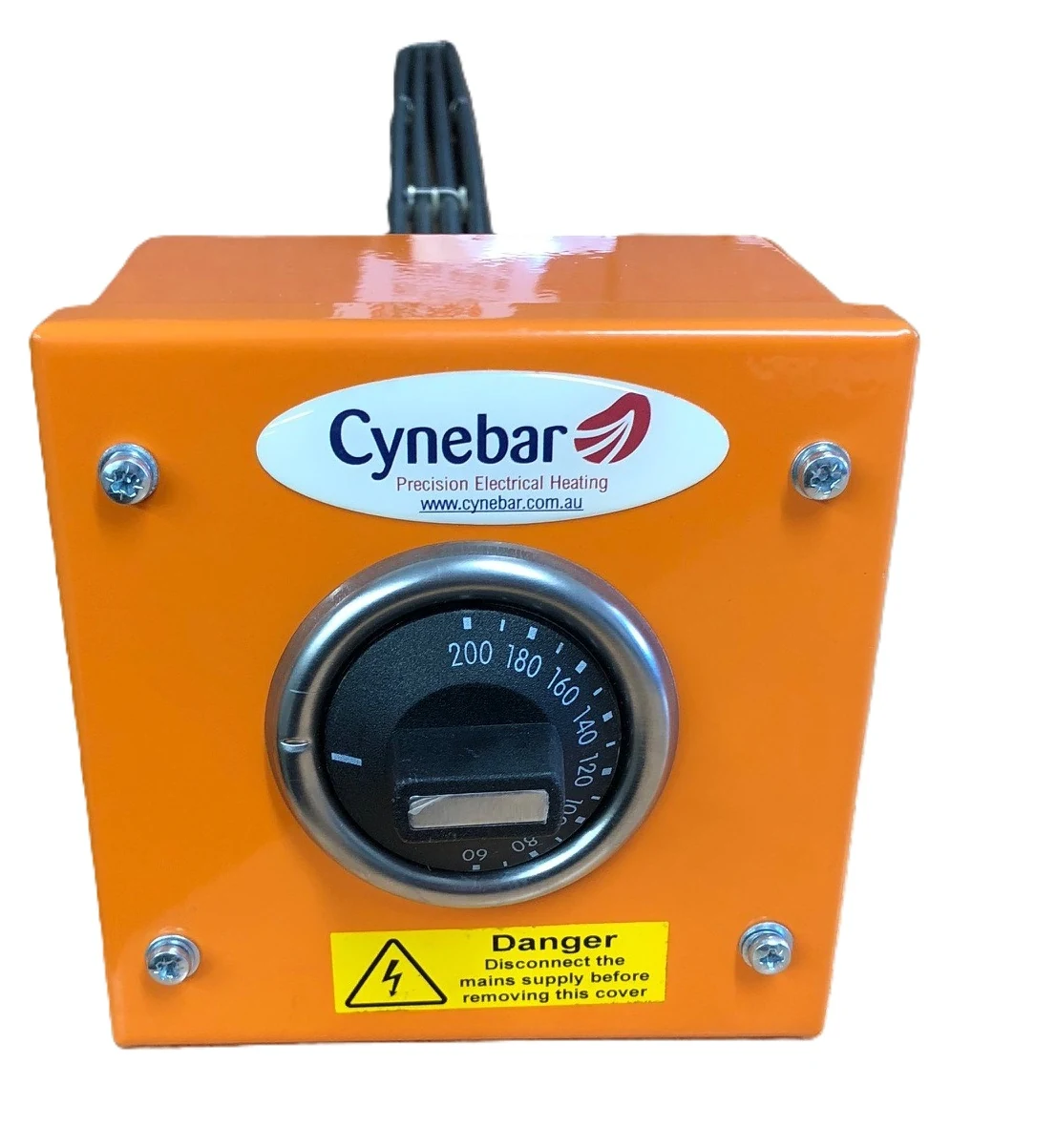 Front view of an orange Cynebar immersion heater enclosure with an adjustable temperature dial and electrical warning label