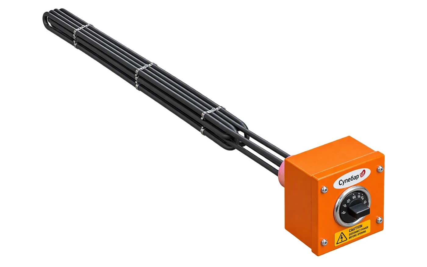Screw plug immersion heater with tubular elements and an orange Cynebar terminal enclosure