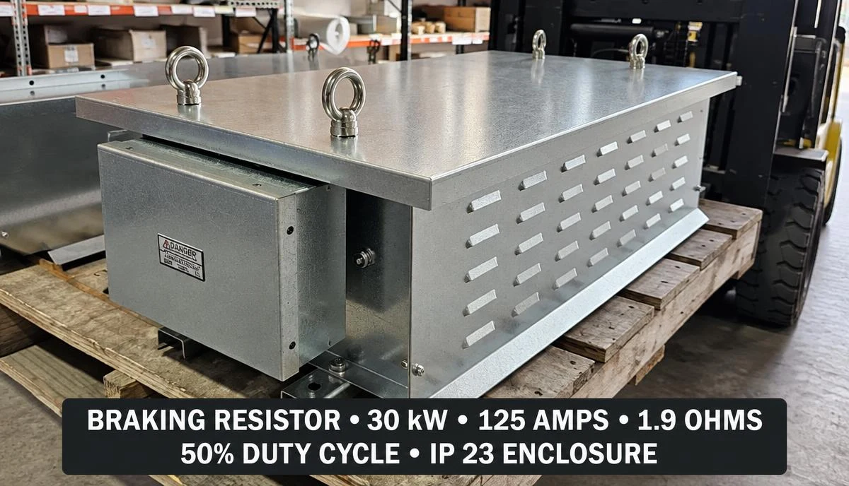 Completed braking resistor with ventilated enclosure and terminal box at the Brisbane workshop