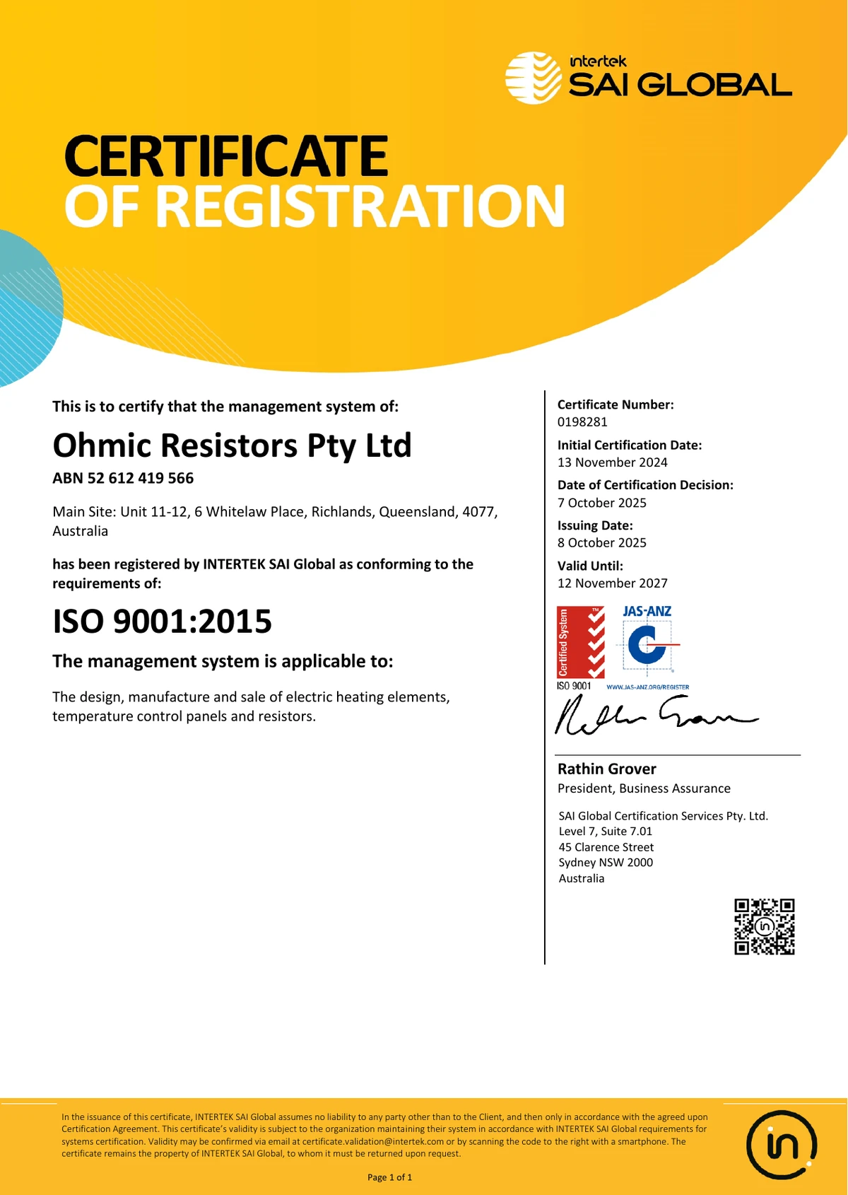 Ohmic Resistors Pty Ltd ISO 9001:2015 certificate of registration, number 0198281, issued 8 October 2025, valid until 12 November 2027