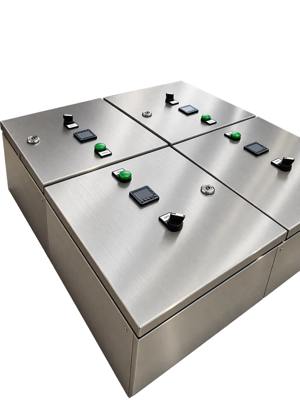 Four stainless steel temperature control panels with digital displays, green push buttons and rotary switches